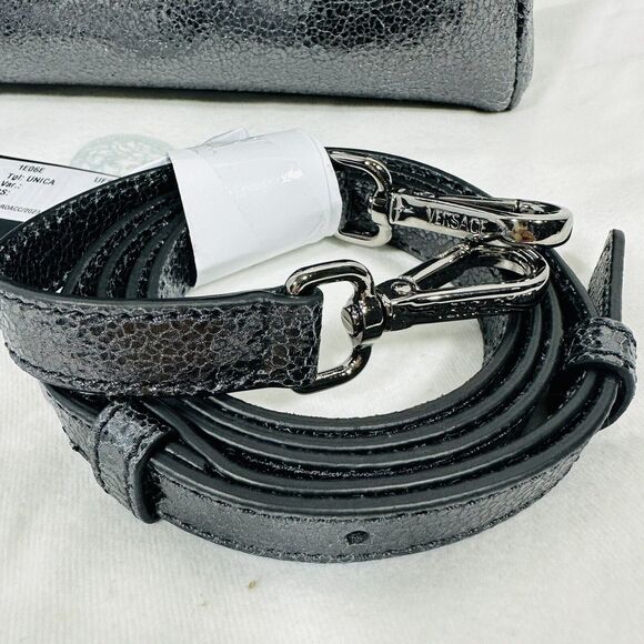 NWT Versace Virtus Black Metallic Textured Leather Top Handle Crossbody Bag - Picture 6 of 13